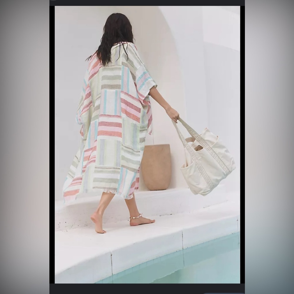Free People Patchwork Kimono Sail Away Ivory Combo 100 % Linen One Size
